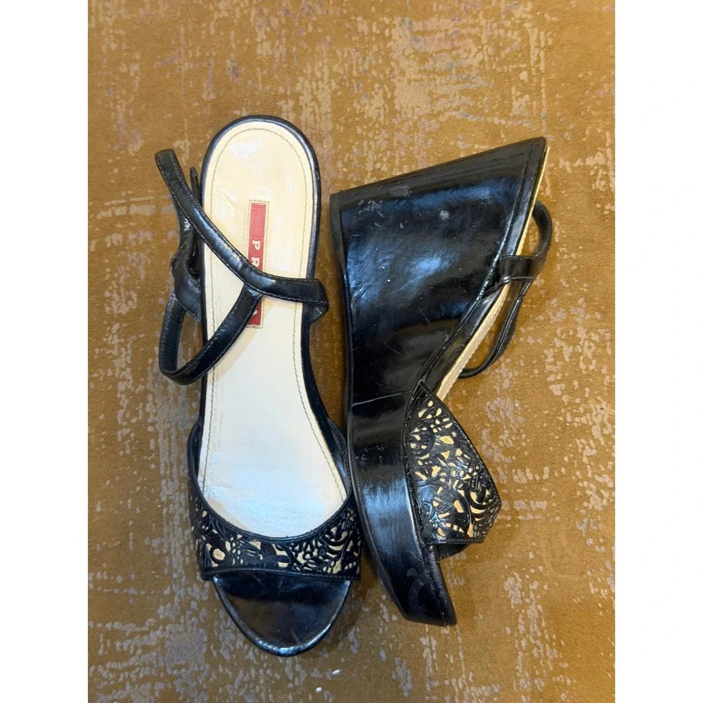 Prada Black Patent Leather Laser Cut Floral Wedge Sandals 3XZ145 36.5 EU